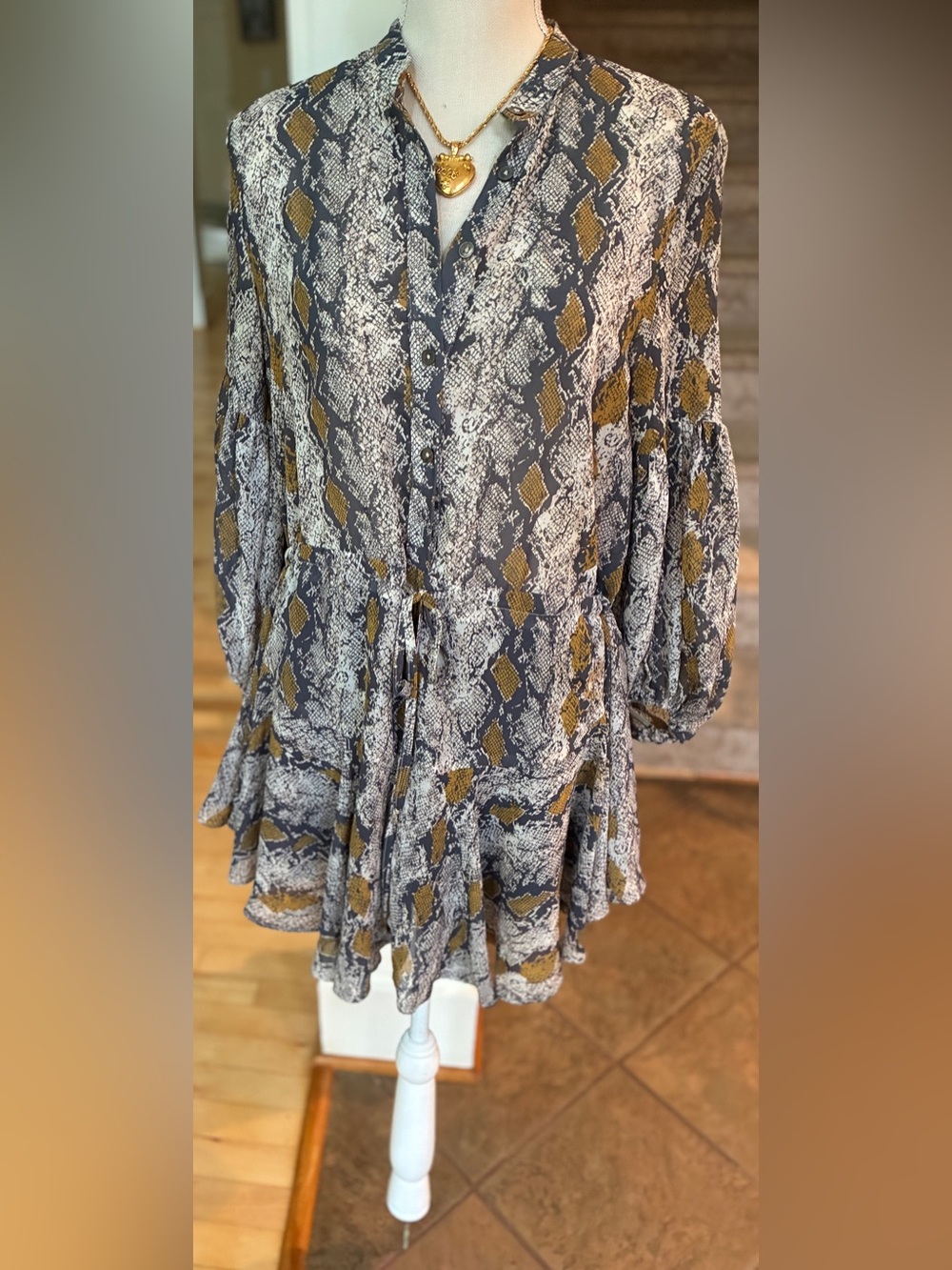 fab'rik Snake-Print mini dress in Charcoal, Mustard, Cream